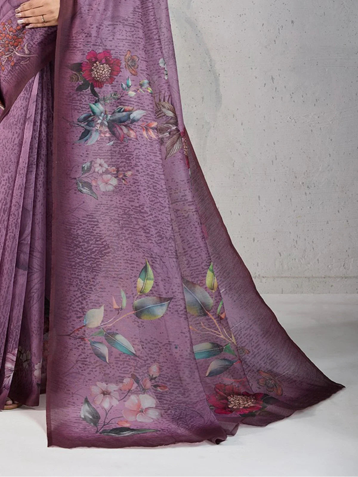 Tarani chanderi saree floral digital print closeup highlighting intricate motif detailing and soft texture