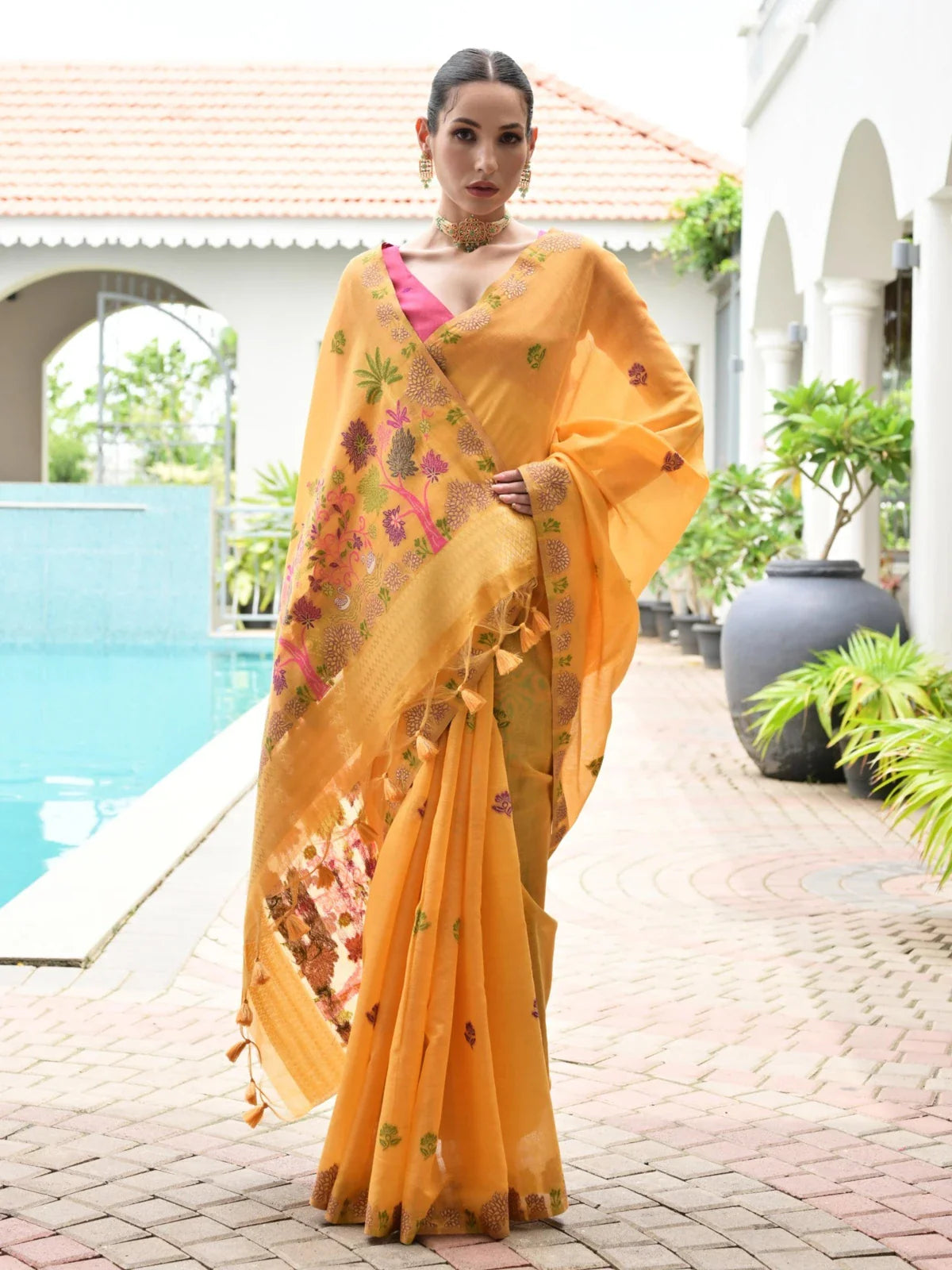 Tarani mustard cotton saree full view with floral detailing and soft everyday drape
