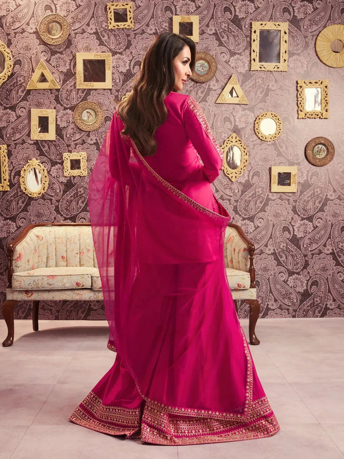 Tarani back view of pink festive chanderi dress with sheer dupatta and elegant styling