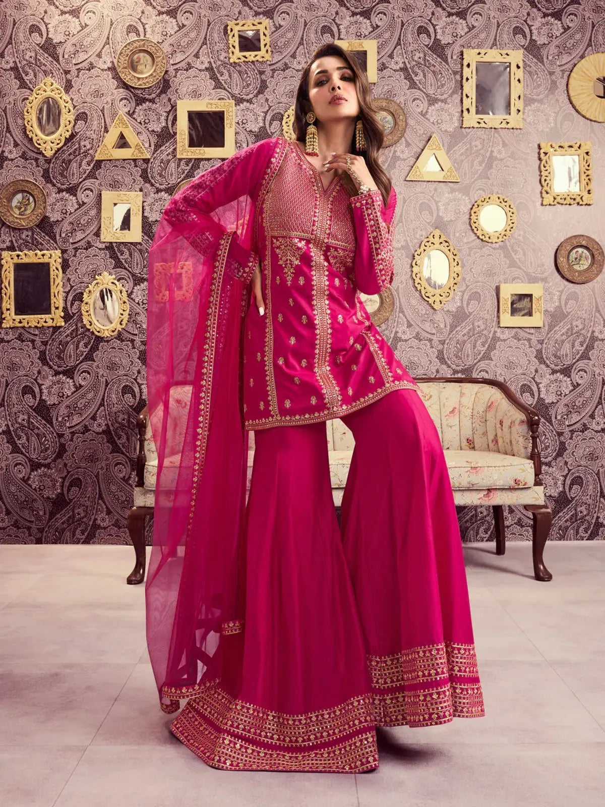 Tarani pink chanderi silk festive dress with embroidery and flared palazzo - front full view