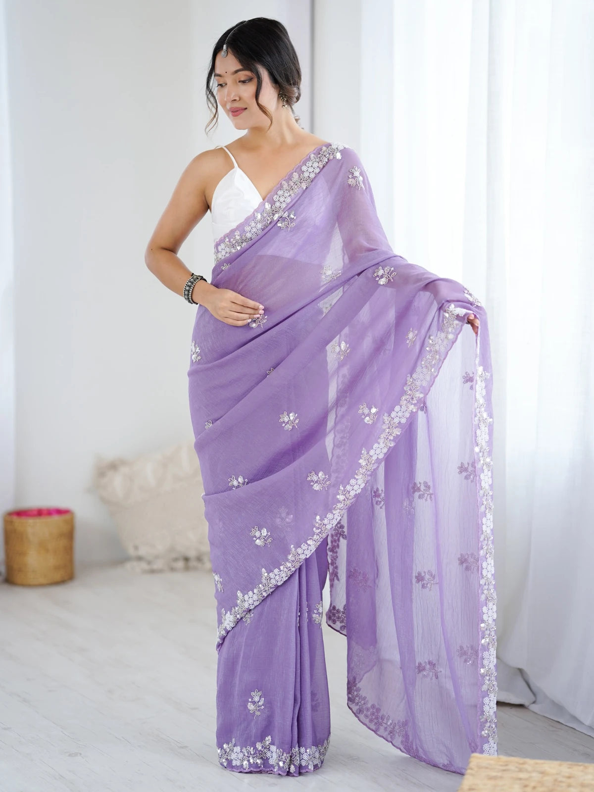 Tarani lavender Chiffon Crush saree full view with sequence moti and cut dana work for wedding and festive wear