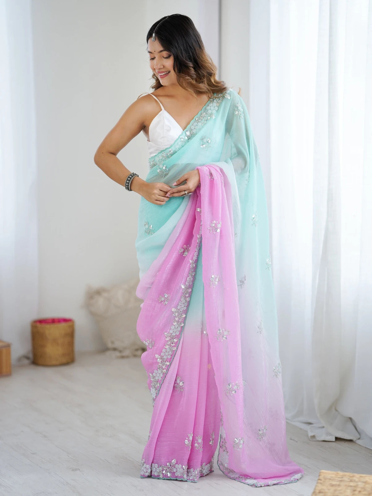 Tarani Damyanti chiffon crush saree mint and pink gradient full view with sequence moti cut dana work