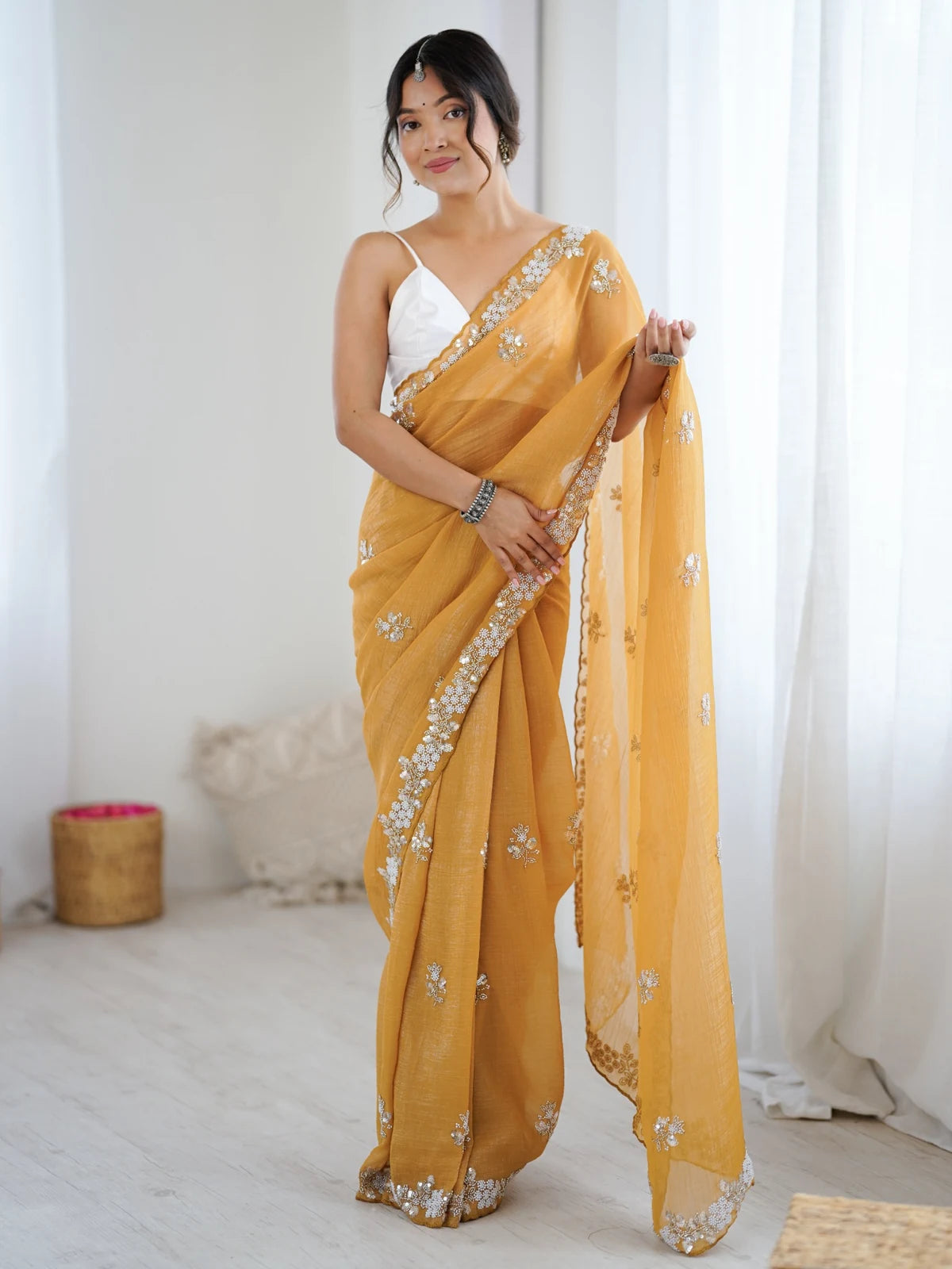 Tarani Amishi mustard chiffon crush saree full view with sequence moti and cut dana work