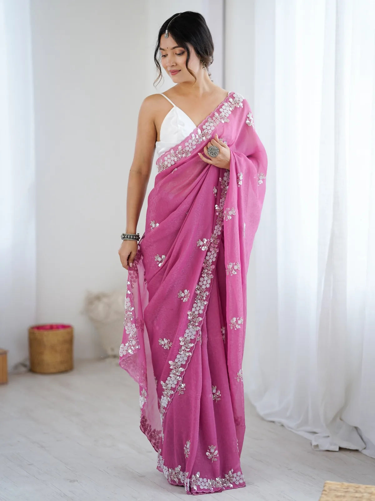 Tarani Mugdha pink chiffon crush saree front view with sequins embroidery and festive styling