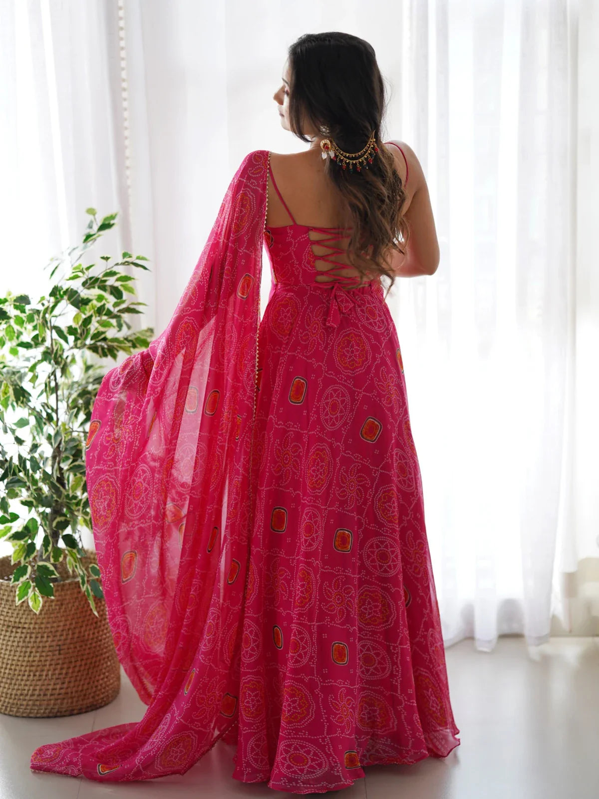 Tarani pink chiffon gown back view with lace-up style and dupatta