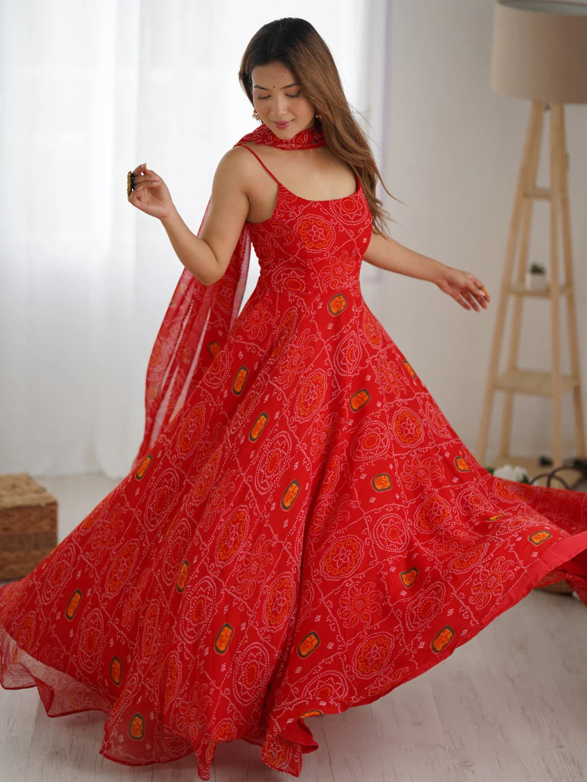 Tarani chiffon gown front pose in festive red with dupatta styling