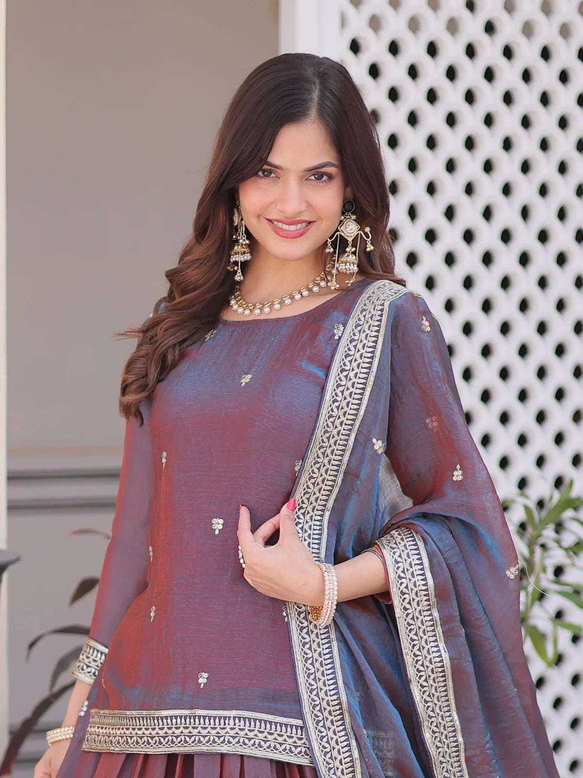 Tarani festive lehenga close-up showing embroidered blouse and dupatta in maroon chiffon
