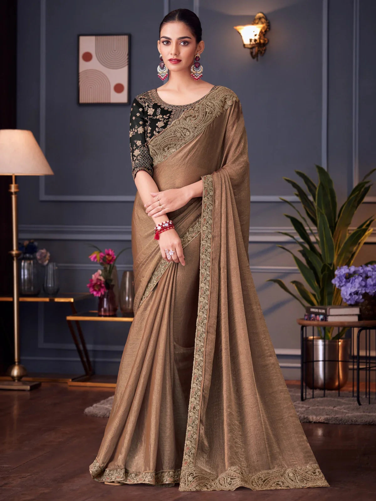 Tarani premium brown chiffon silk saree with embroidered blouse full view