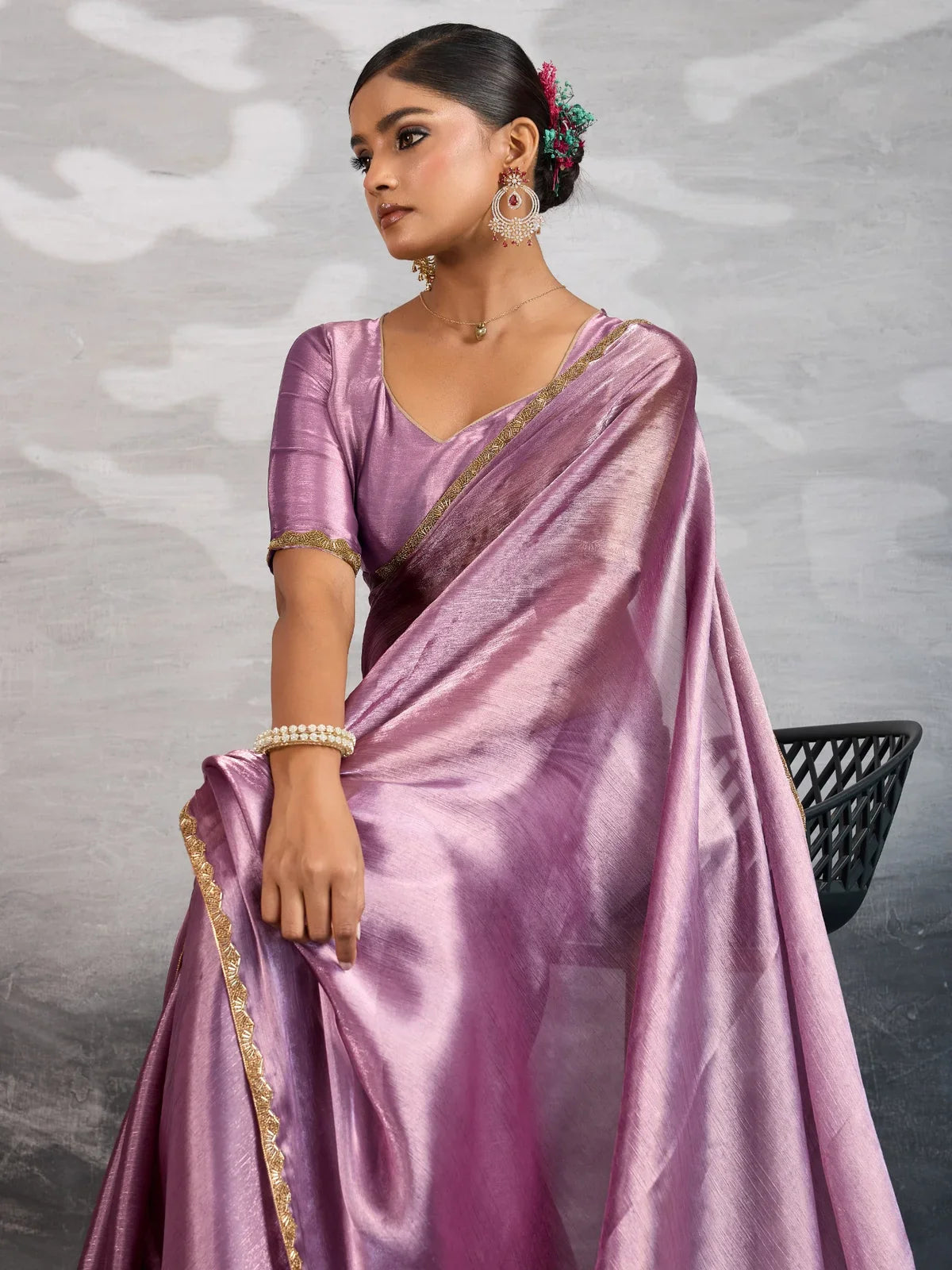 Tarani lavender chiffon saree upper body view highlighting blouse and drape