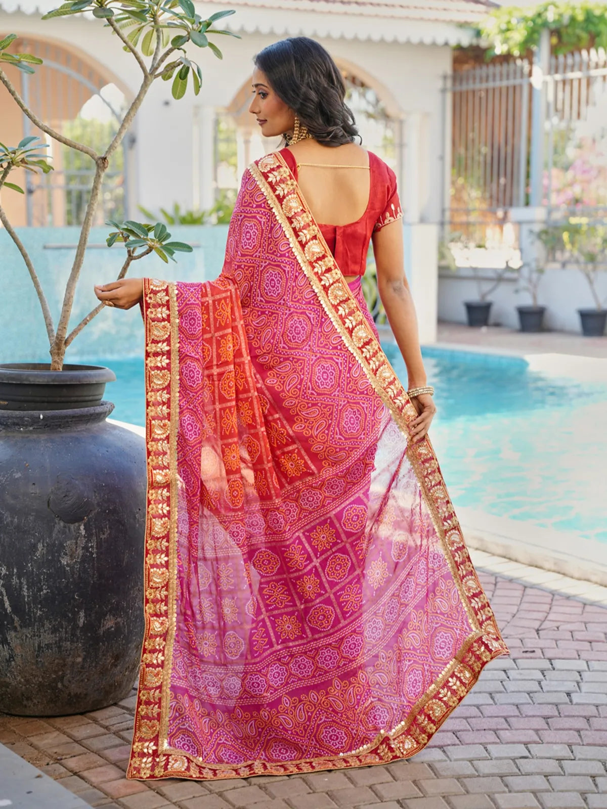 Back view of Tarani chiffon pink saree with deep neck red blouse
