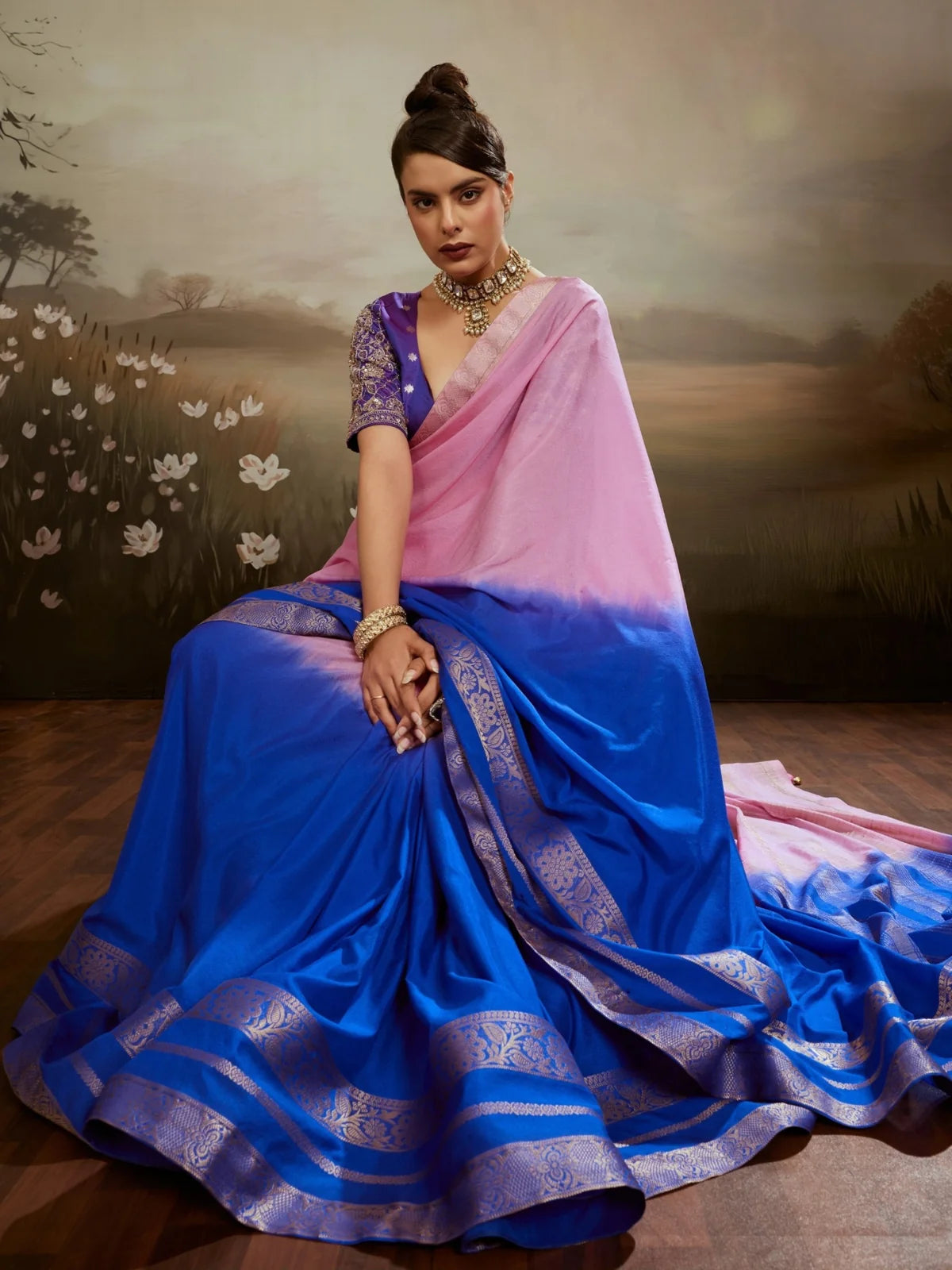 Tarani Aashita pink and blue chiffon saree front view with elegant festive styling and border work