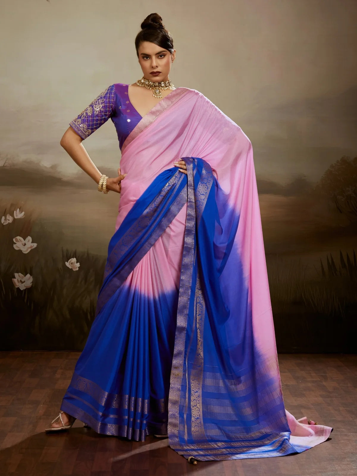 Tarani Aashita soft chiffon pink gradient saree full view with zari woven border and designer blouse