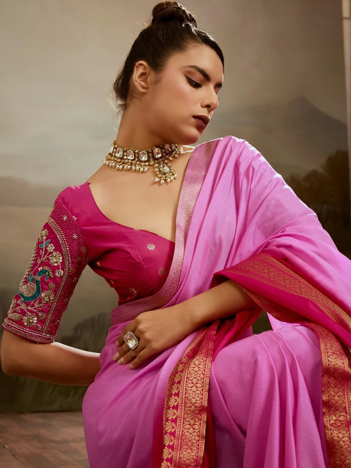 Tarani pink chiffon saree upper body view with woven border and festive look