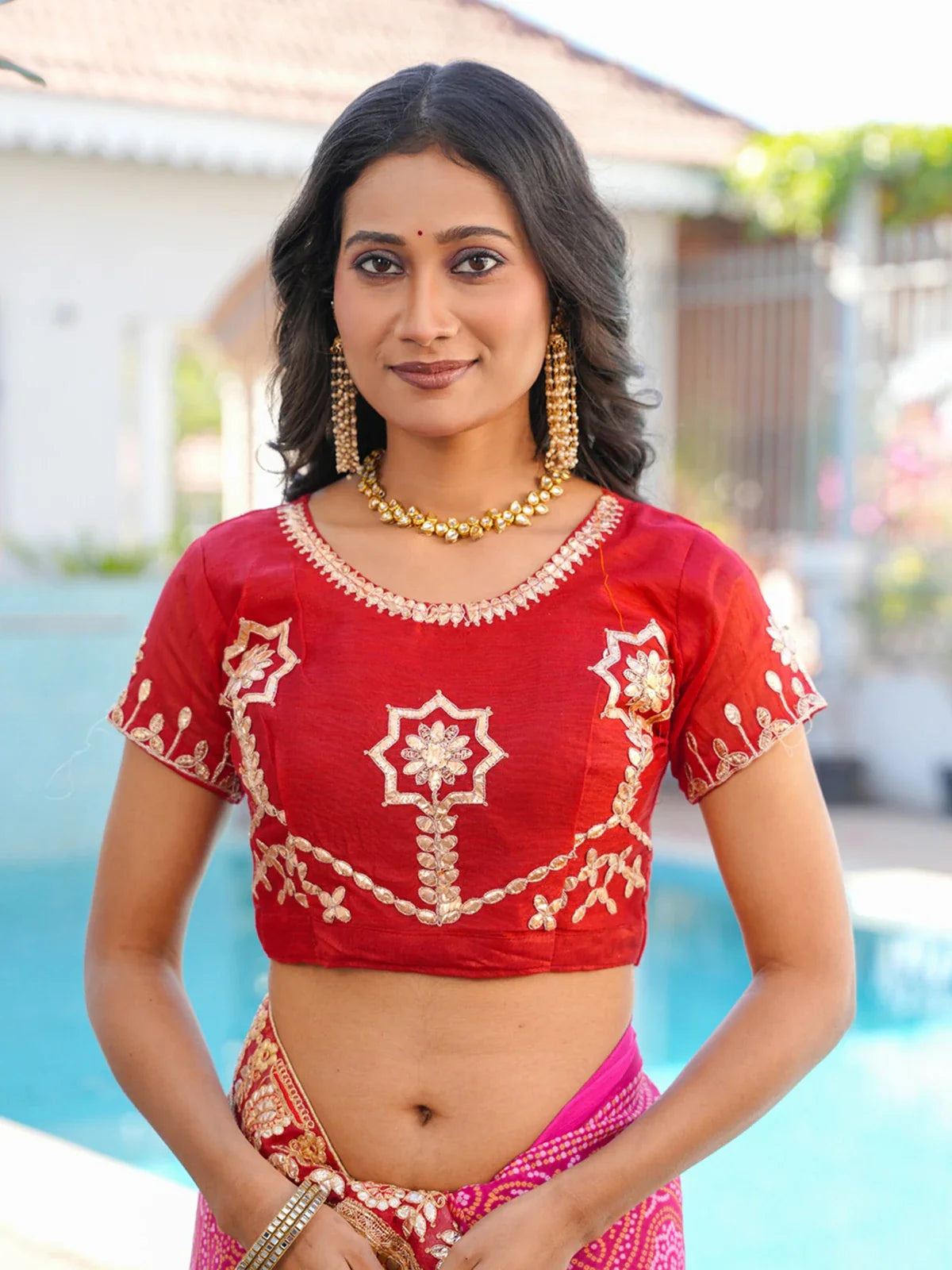 Tarani pink chiffon saree upper body view with red embroidered blouse