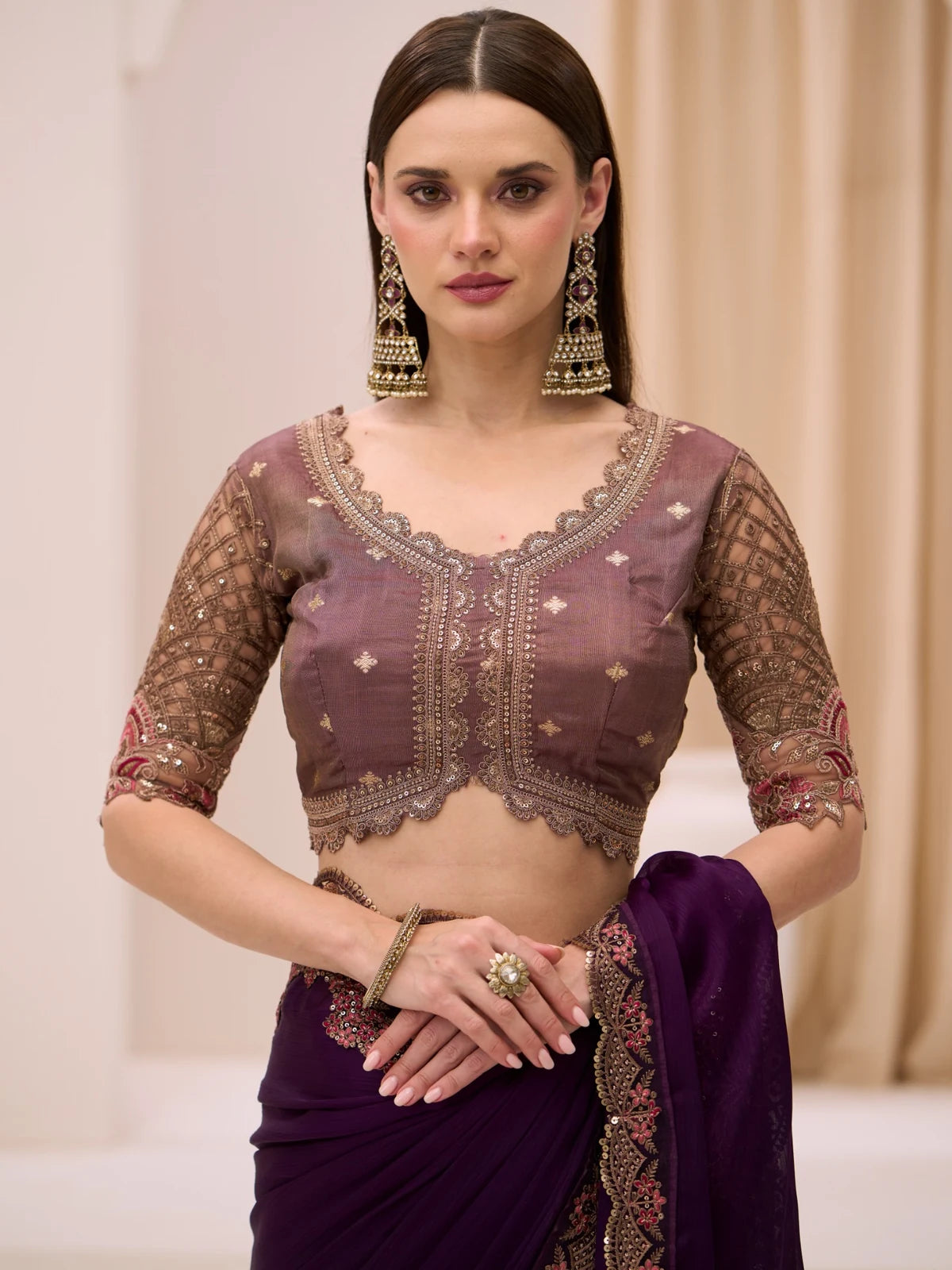 Tarani Anuja purple saree upper body blouse embroidery detail view