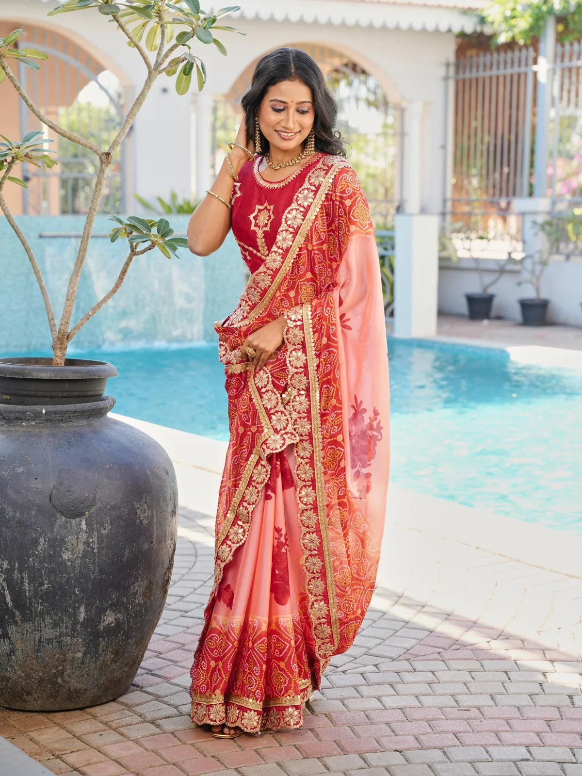 Tarani red chiffon saree full view with golden embroidery and designer blouse
