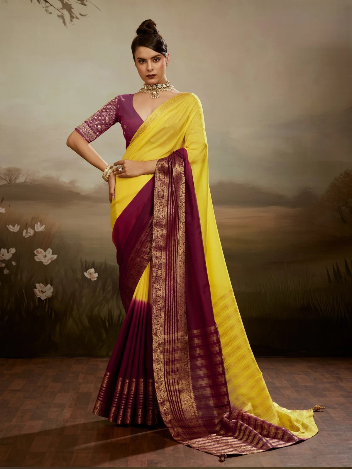 Tarani yellow chiffon saree with zari woven pallu and designer blouse full view