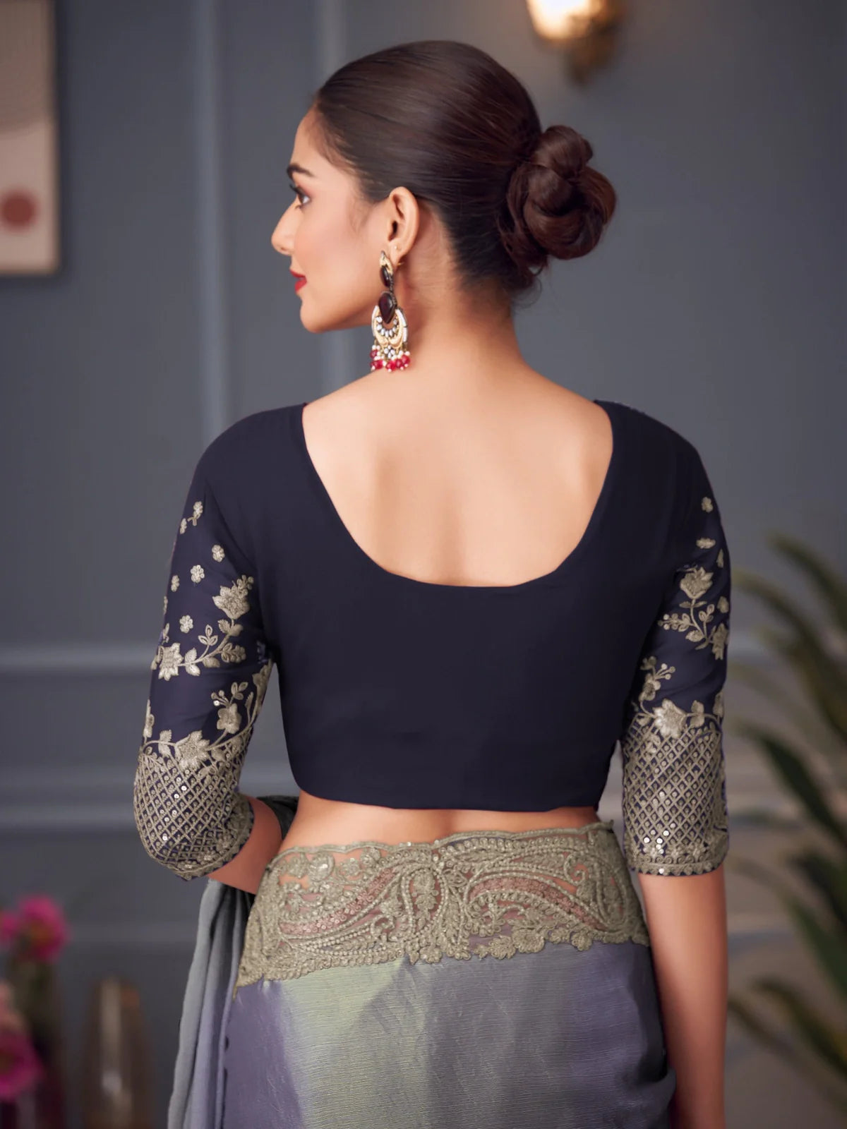 Tarani designer green chiffon silk saree back blouse embroidery style view