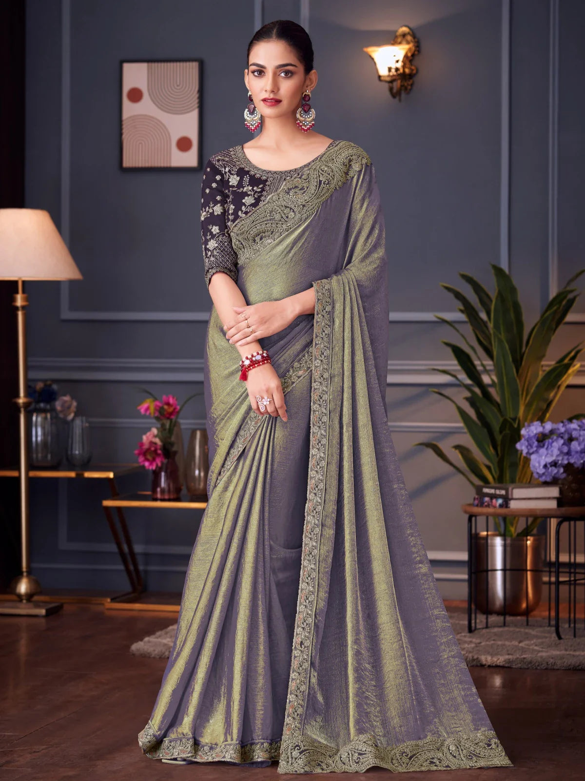 Tarani premium green chiffon silk party saree with embroidered blouse full view