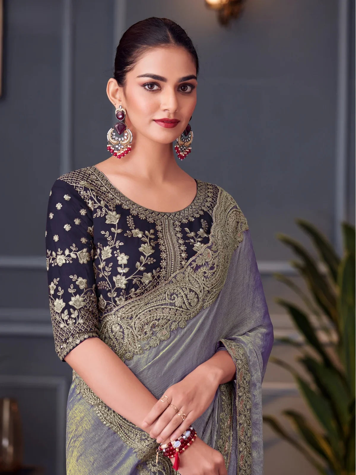 Tarani green chiffon silk saree upper body view with embroidered blouse