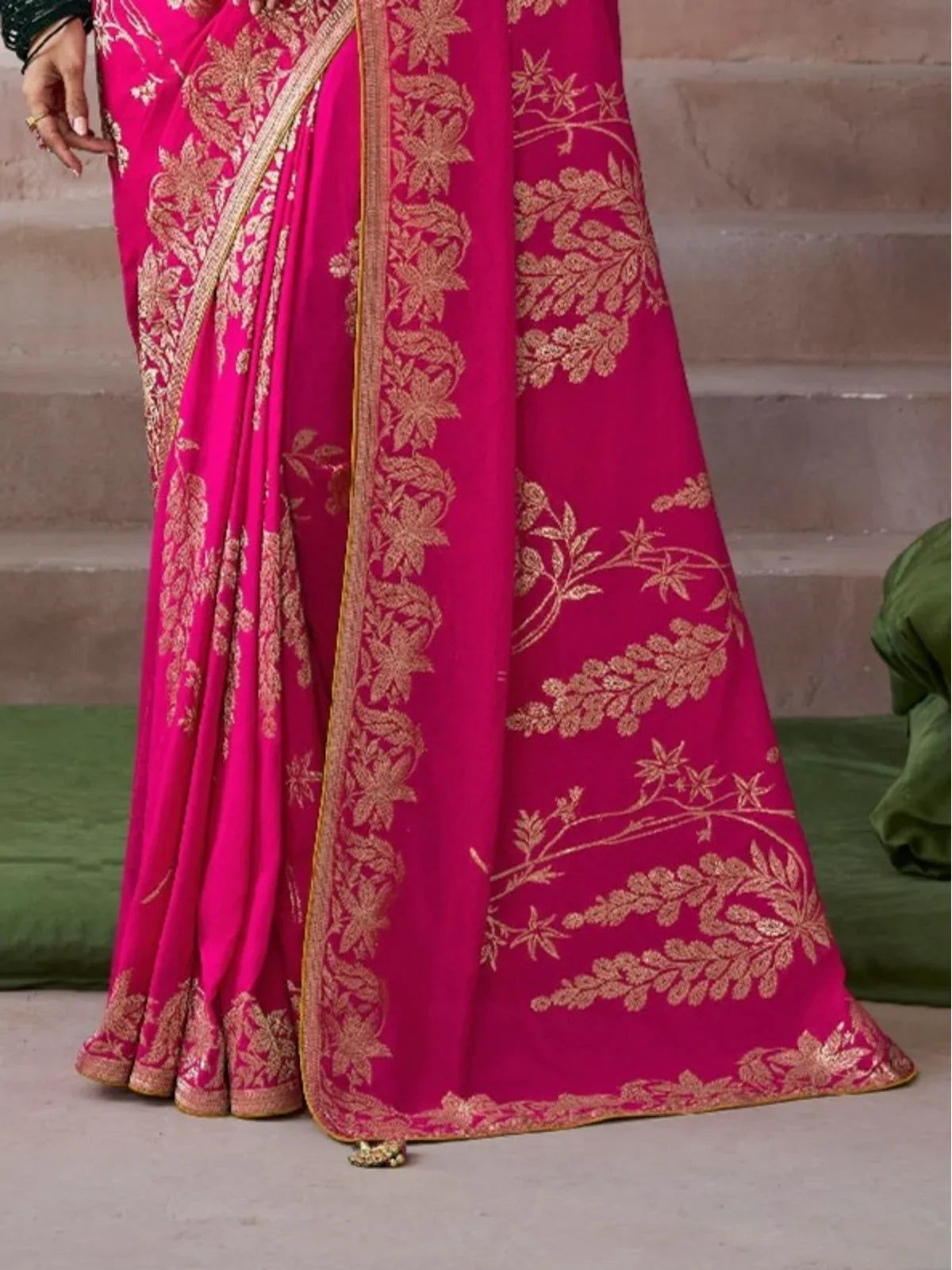 Tarani sushantita Pink Chiffon Silk saree close up view for festive party and wedding wear