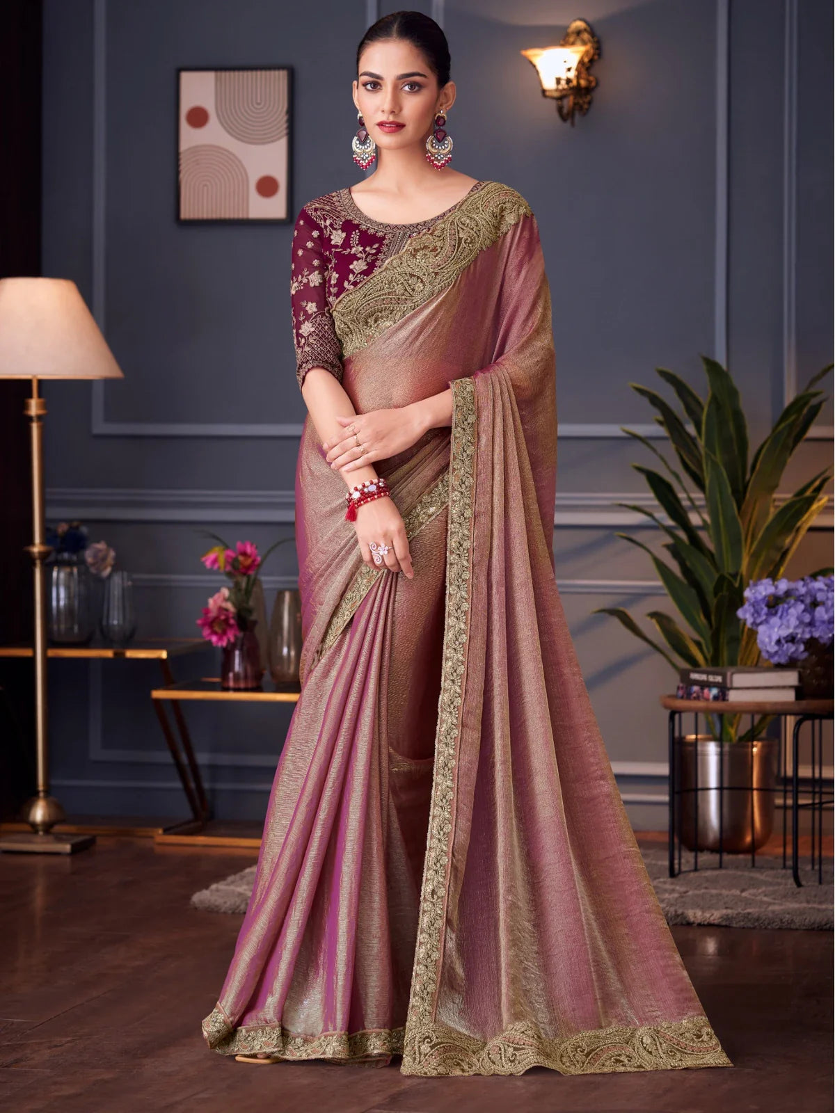 Tarani pink chiffon silk saree full view with embroidered blouse for parties