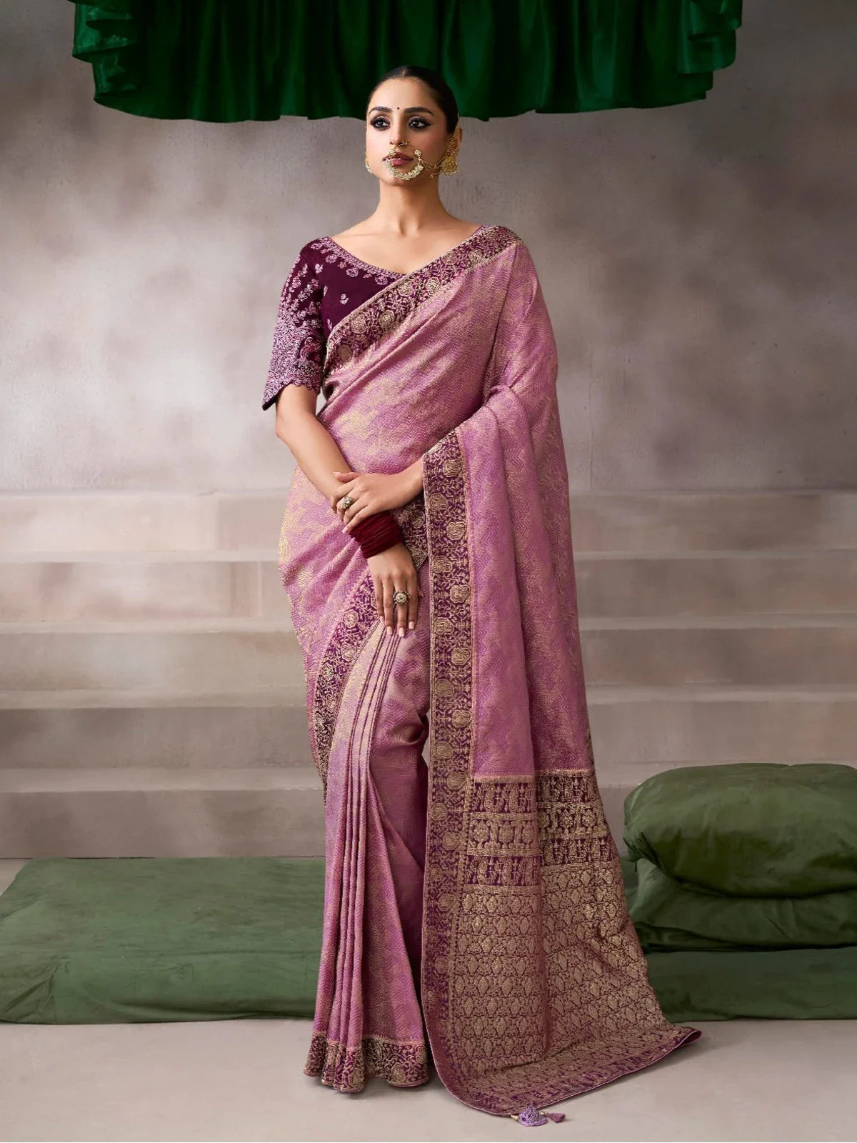Tarani pink chiffon silk saree full view with traditional woven patterns and designer drape