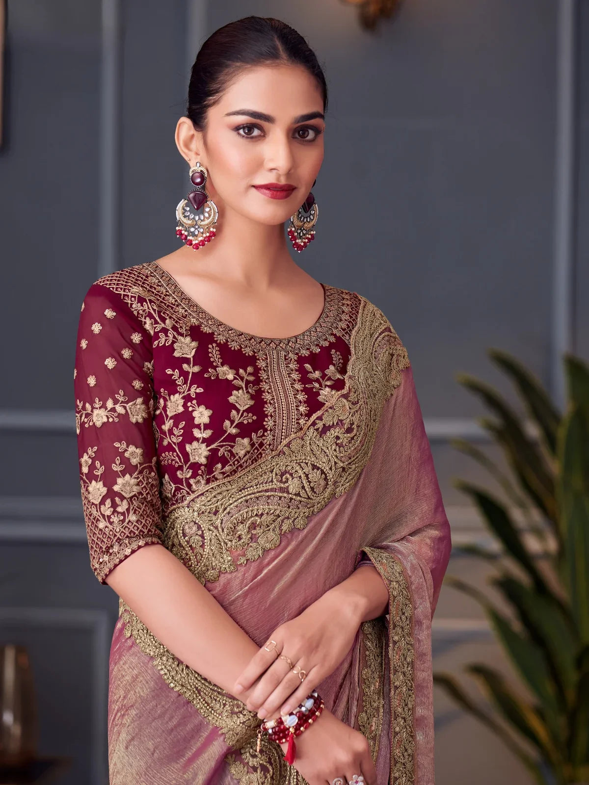 Tarani pink chiffon silk saree upper body view highlighting embroidered maroon blouse