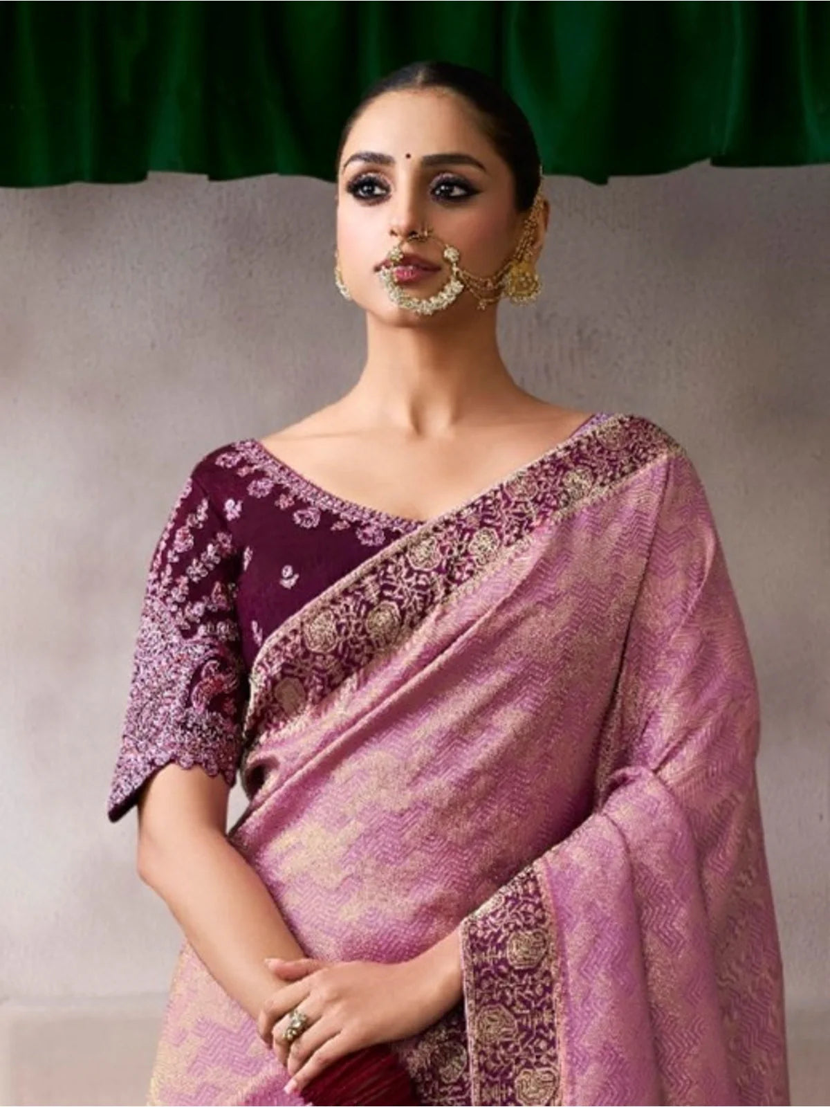 Tarani pink chiffon silk saree with embroidered blouse in upper body view for festive occasions
