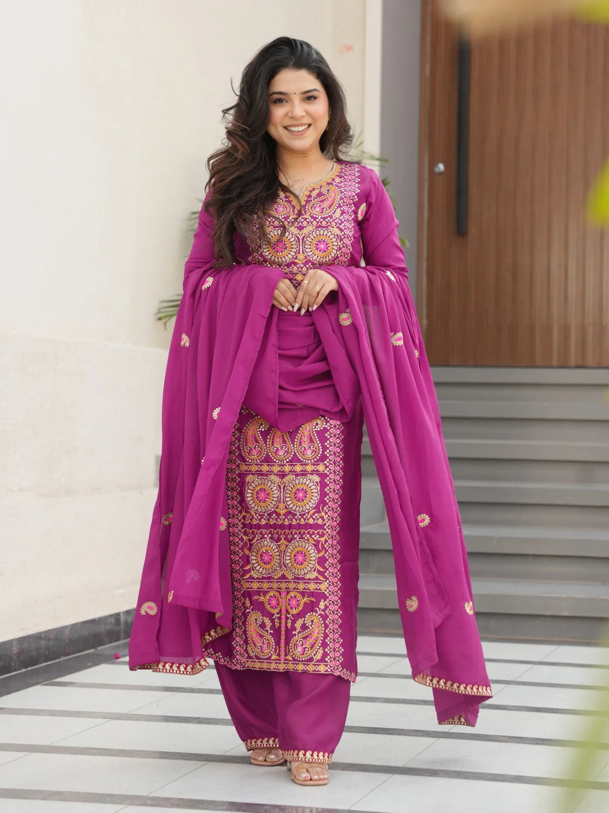Tarani festive magenta chinnon dress with full front embroidery and matching dupatta