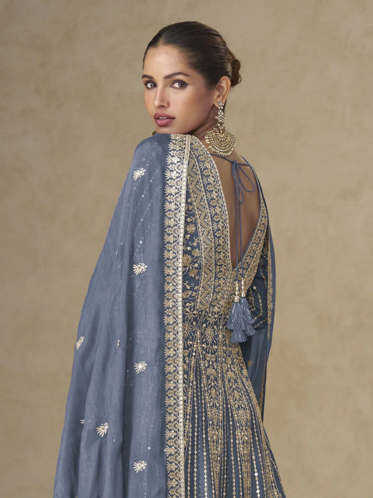 Tarani blue chinnon gown back view showing embroidered detailing and dupatta