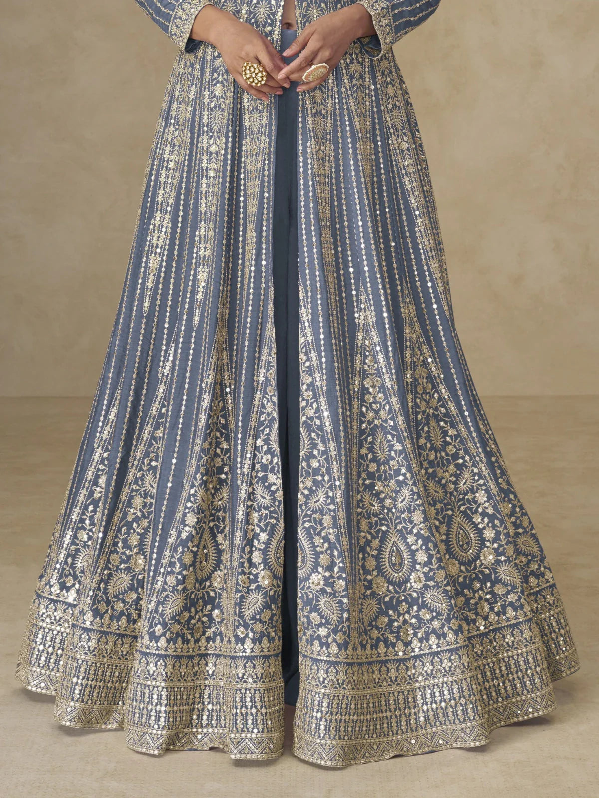 Tarani blue chinnon gown closeup view showing sequin and zari work detailing