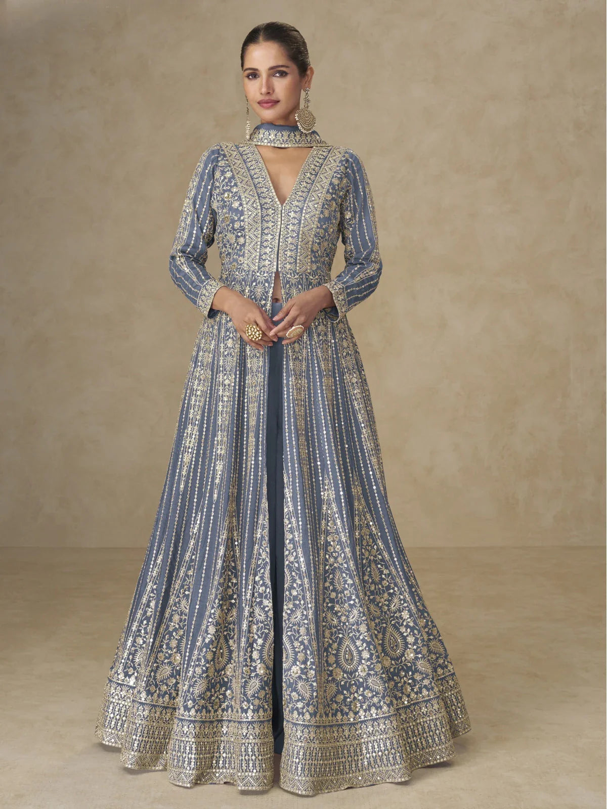 Tarani premium blue chinnon silk gown full view with intricate golden zari embroidery