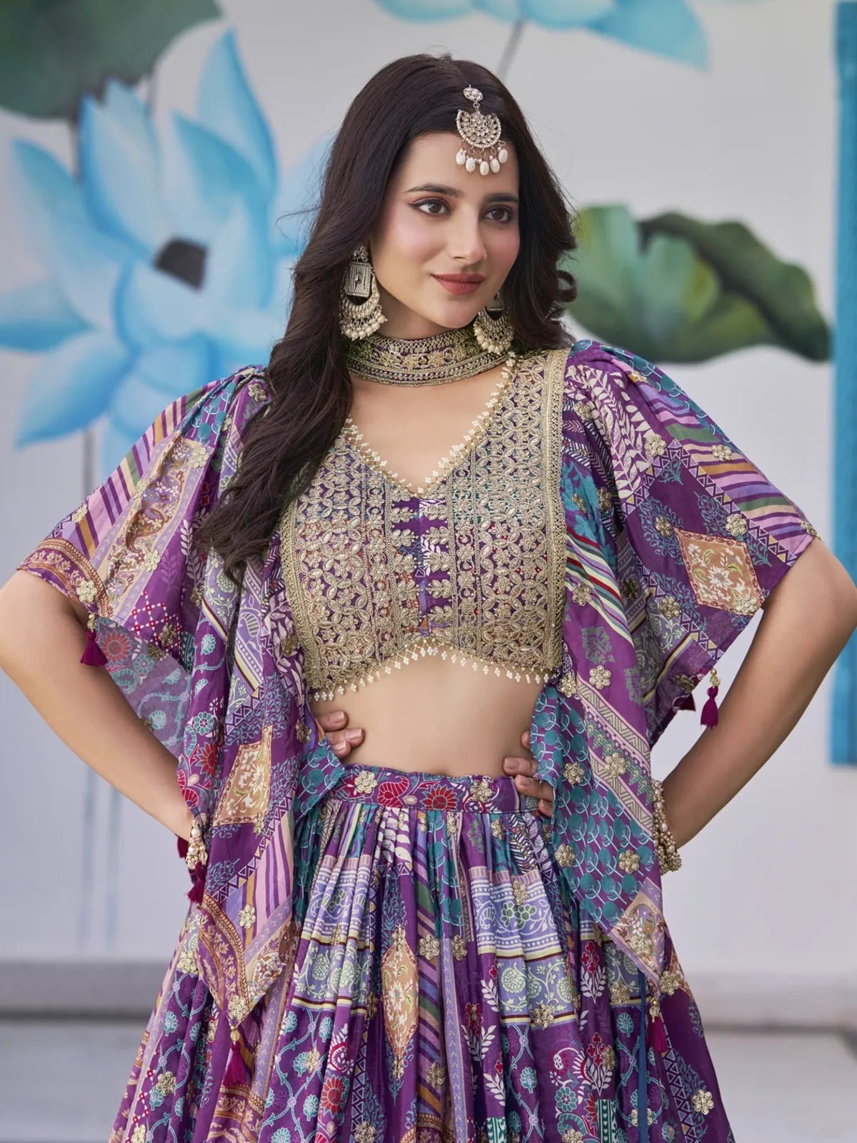 Tarani chinnon lehenga blouse closeup with detailed zari embroidery and choker dupatta front look