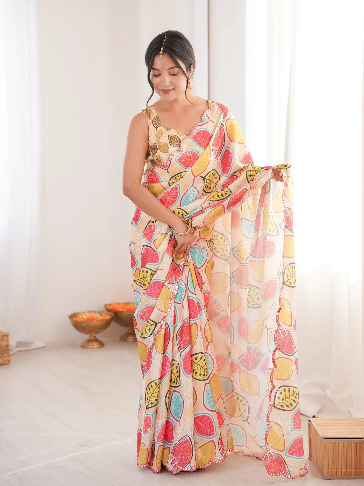 Tarani printed Chinnon saree in beige with multicolor leaf motifs and mirror border full front view – Hema edition