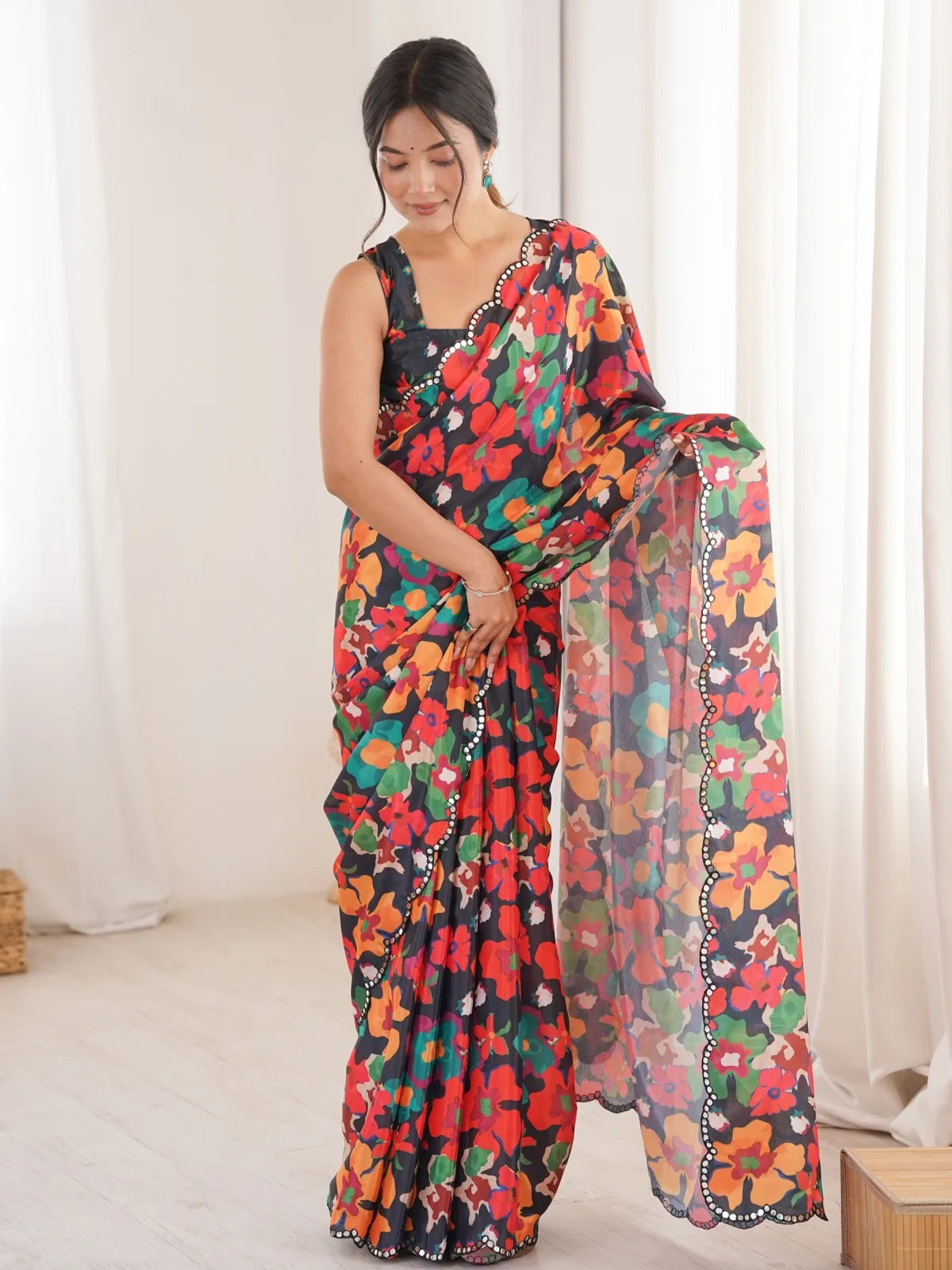 Tarani heavy chinnon black floral print saree with mirror border full view