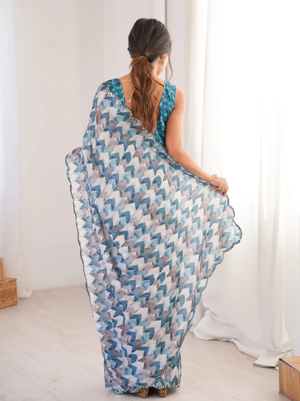Tarani chinnon saree back view showing printed blouse design and mirror lace