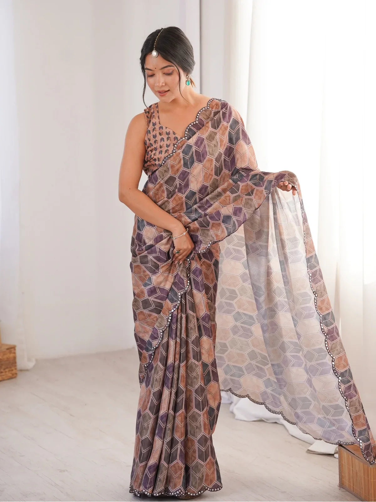 Tarani brown chinnon saree full view with geometric print and mirror border for festive and party wear