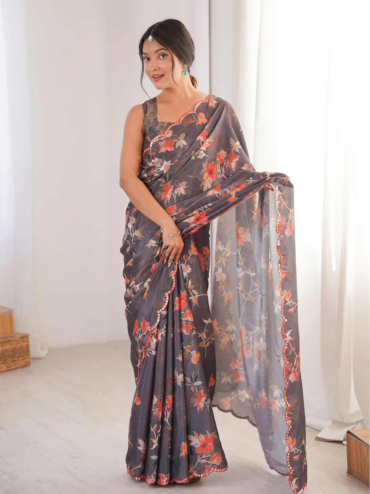 Tarani grey chinnon saree with red floral print and mirror scallop border full front view