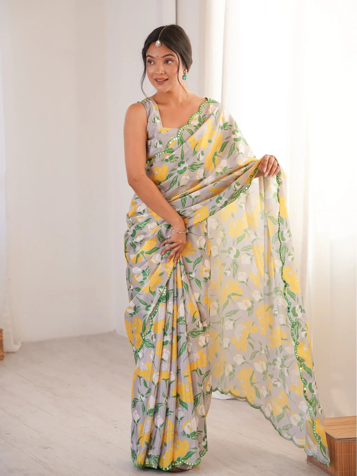 Tarani grey chinnon saree with yellow floral print and mirror work scalloped border - full view