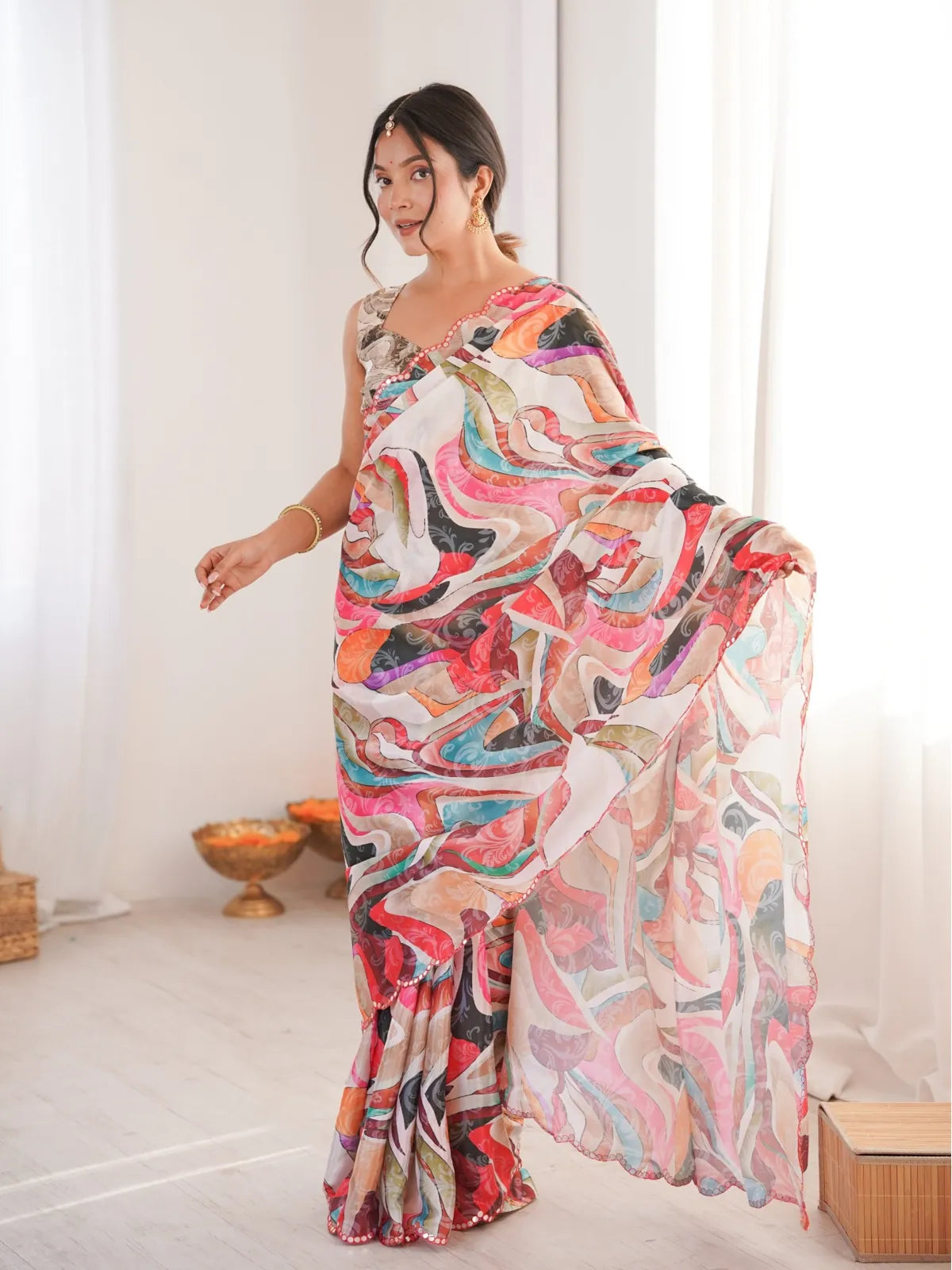 Tarani multicolor chinnon saree full view with printed fabric and mirror work border