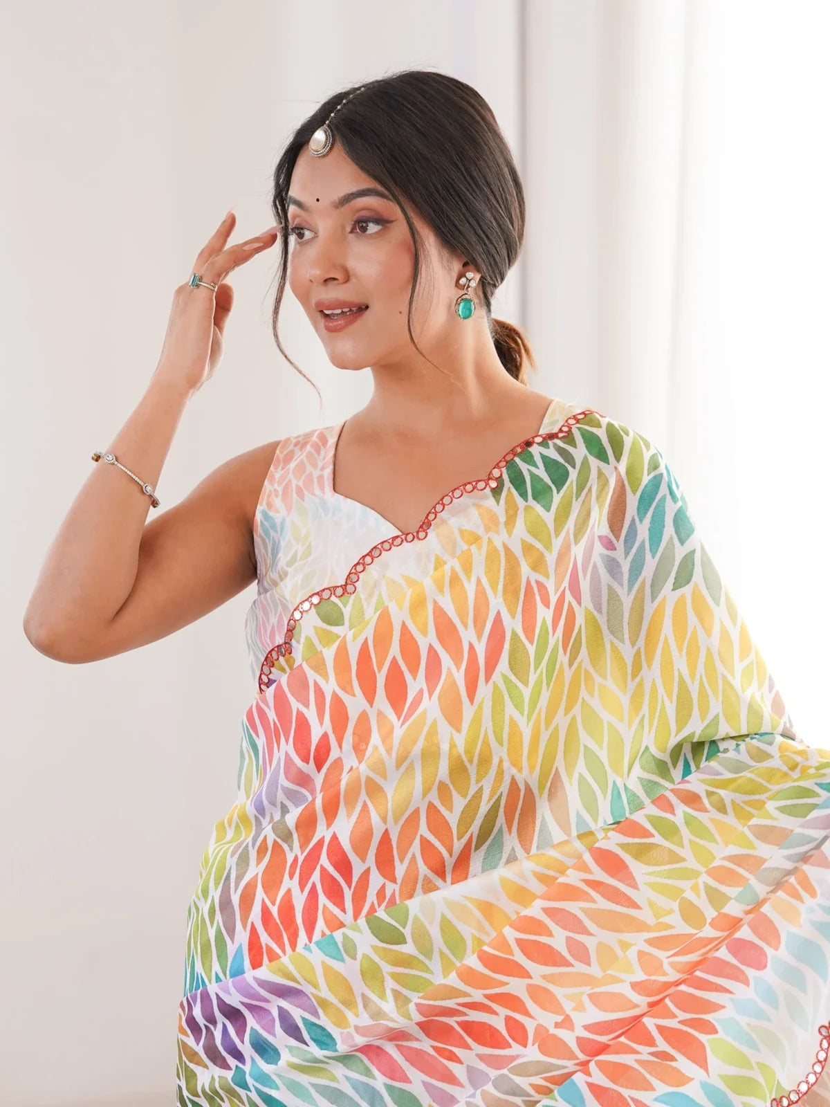 Tarani festive multicolor chinnon saree upper body view with blouse and mirror detailing