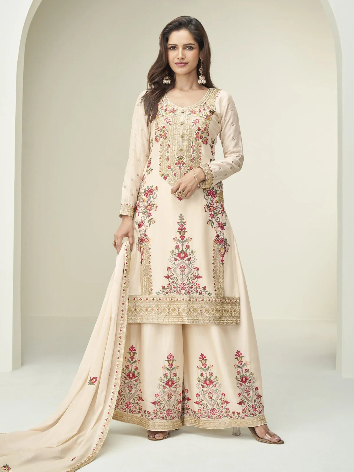 Tarani beige chinnon silk embroidered sharara palazzo dress full view