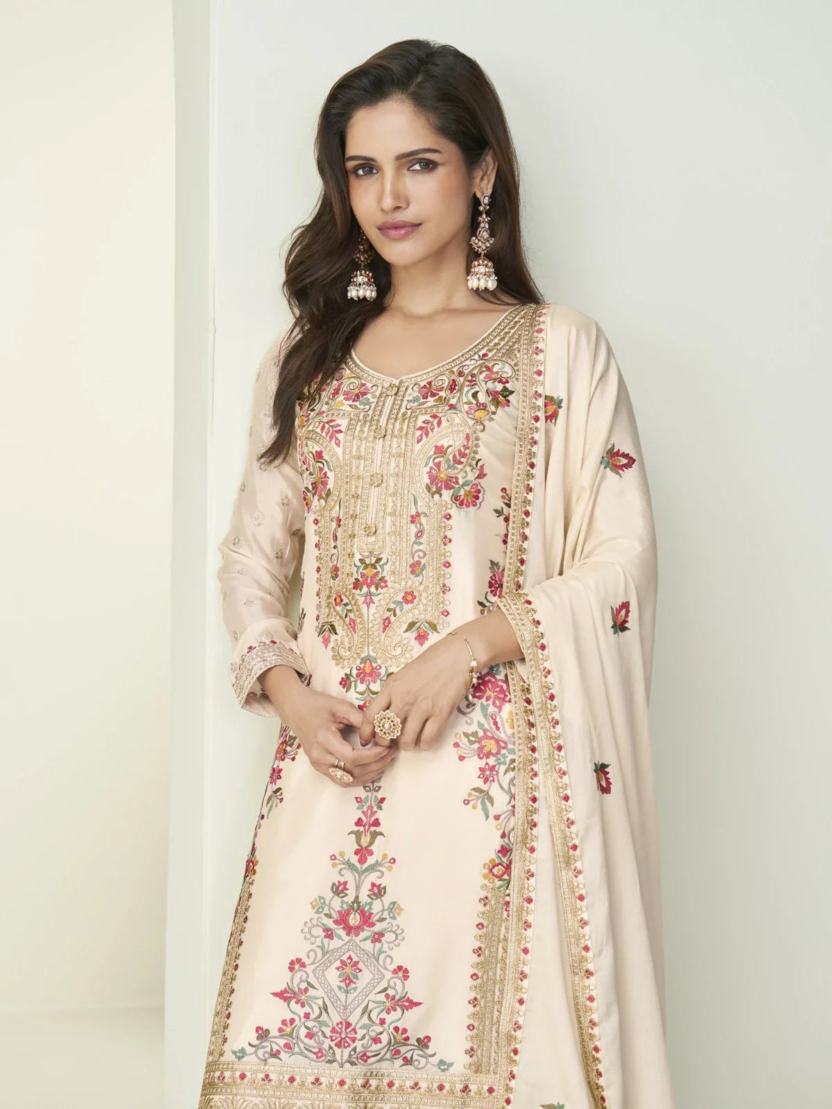 Tarani beige chinnon silk embroidered sharara palazzo dress upper body view