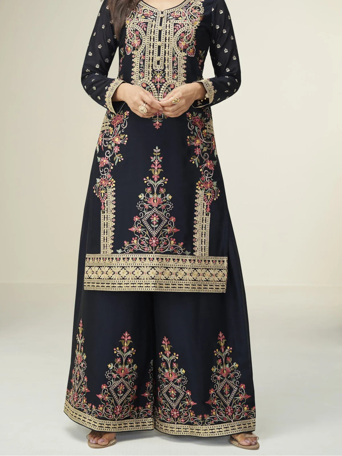 Tarani elegant black chinnon silk embroidered palazzo dress front design view