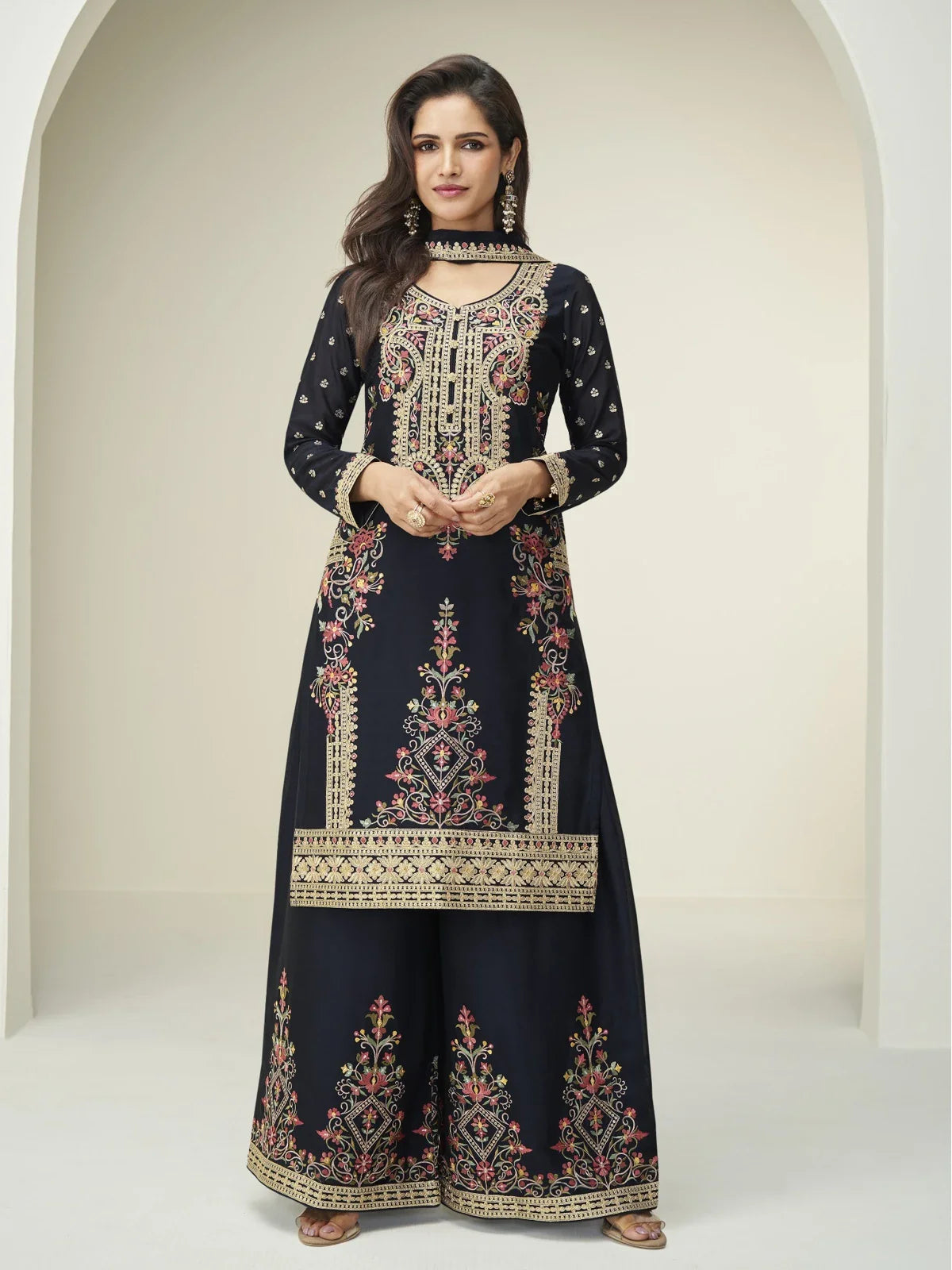 Tarani black chinnon silk embroidered festive party palazzo dress full view