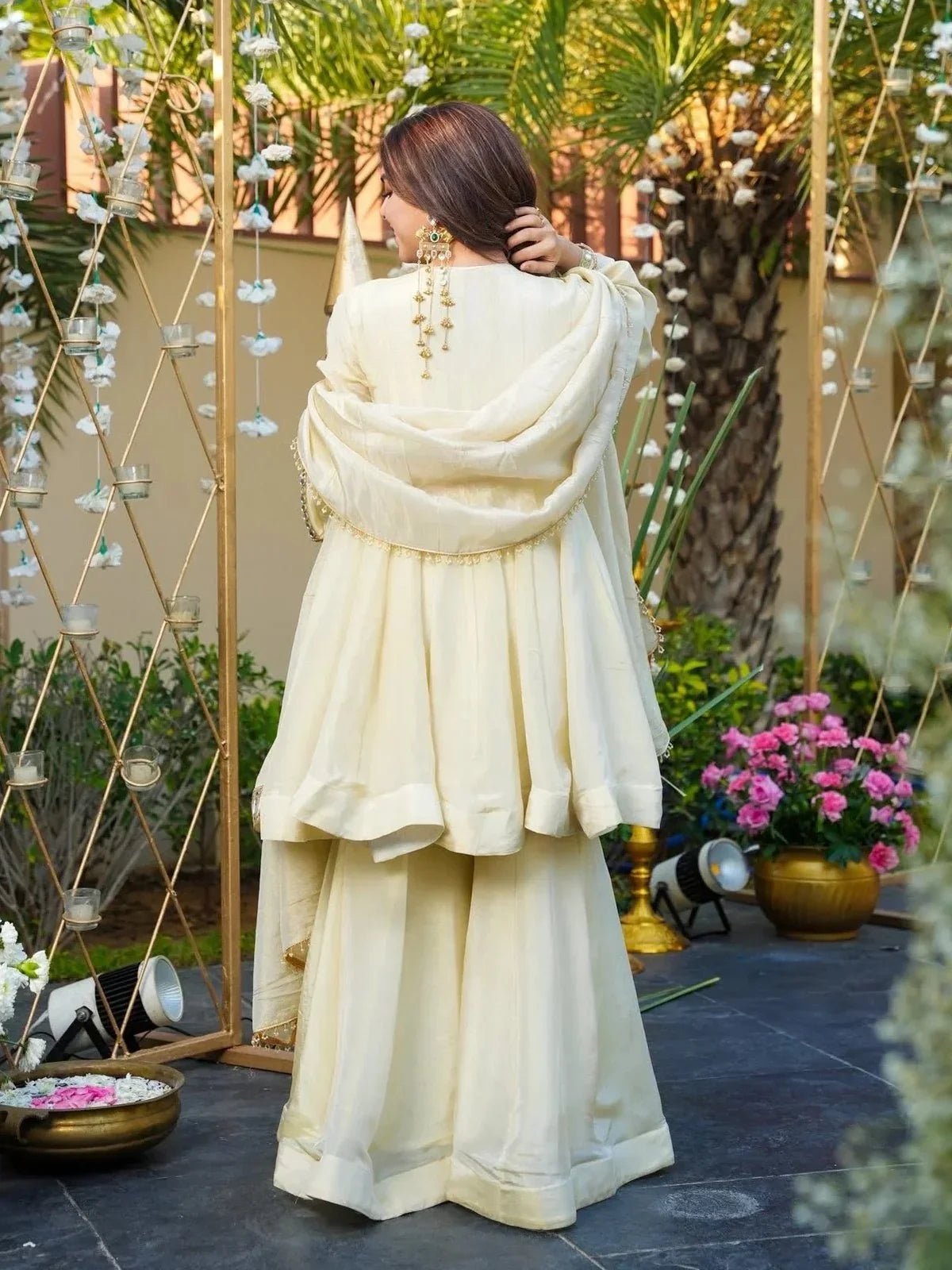 Tarani festive chinon dress back view with dupatta and soft flare