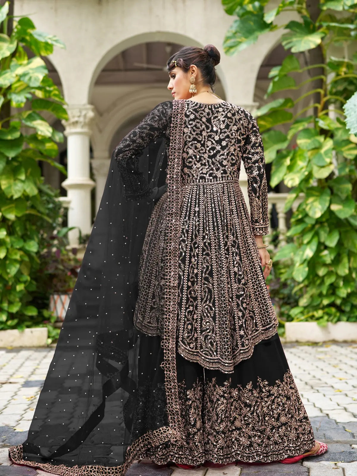 Tarani chinon black embroidered dress back view with mirror sharara and dupatta detailing