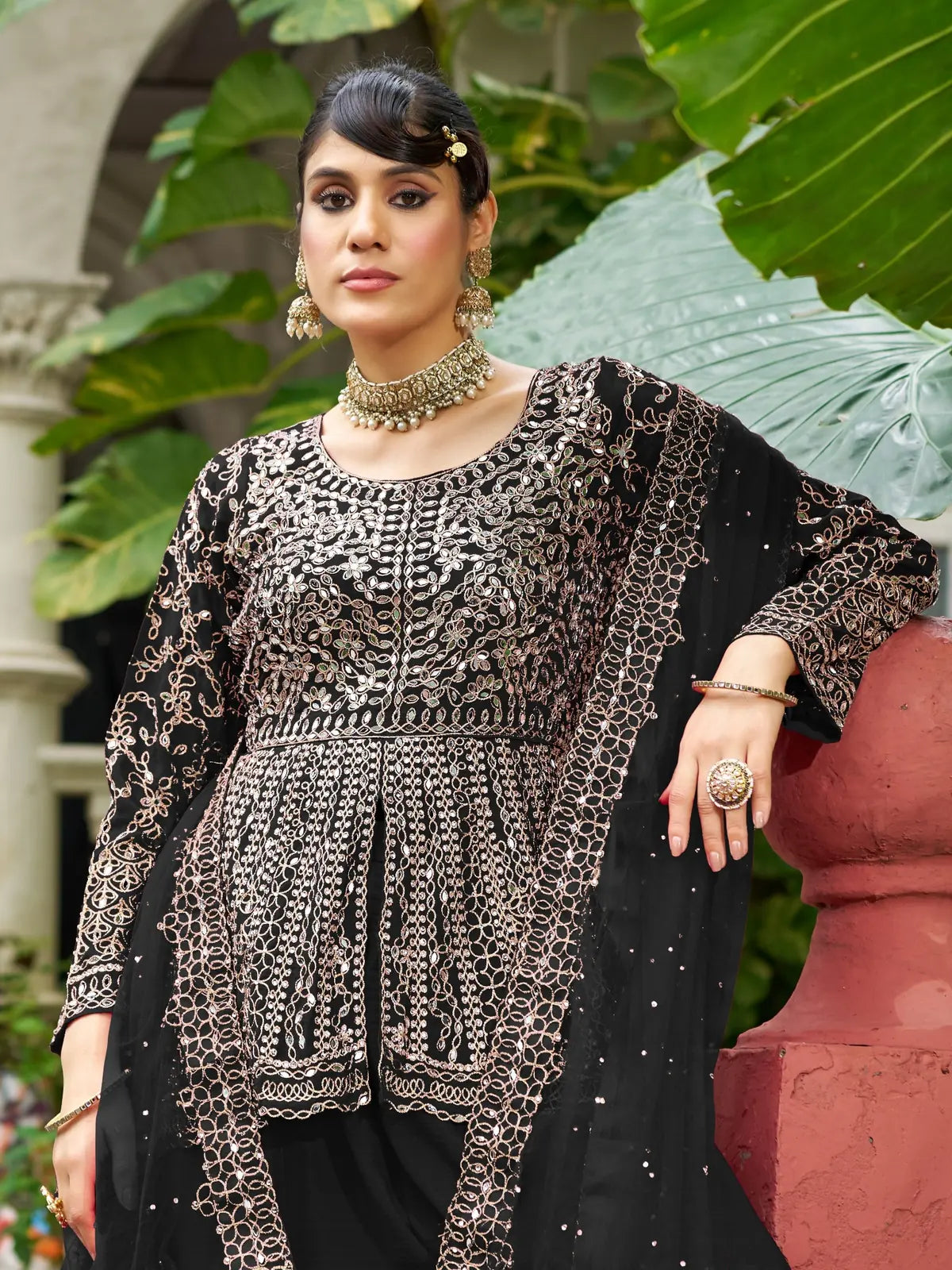Tarani chinon black mirror work dress front closeup with detailed neckline and embroidery