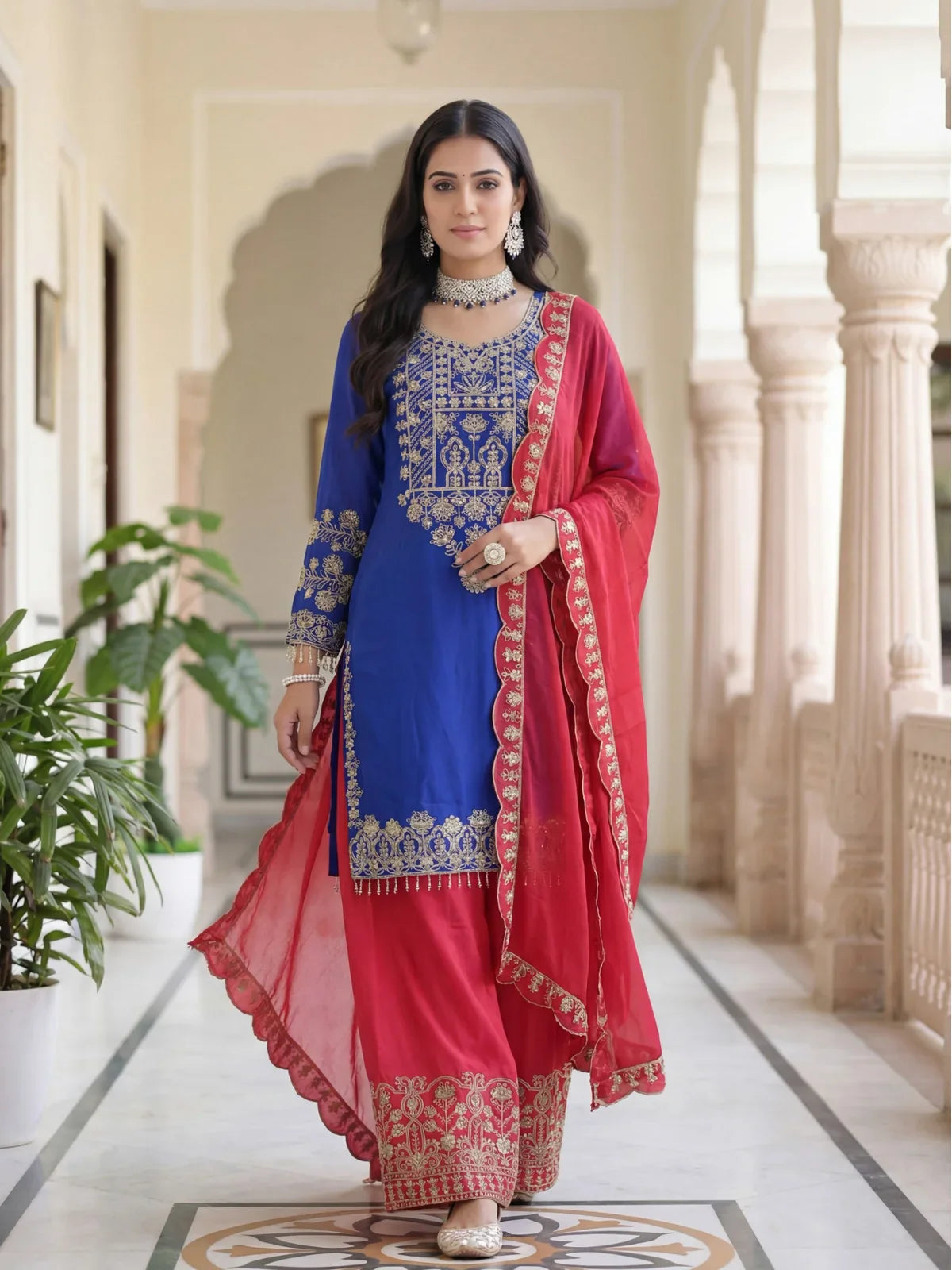 Tarani blue chinon dress with golden embroidery and red dupatta for festive and wedding wear